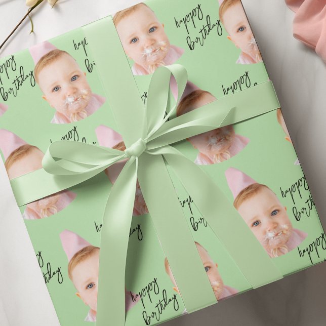 Mint Green Baby Face Birthday |  Custom Photo Wrapping Paper (Creator Uploaded)