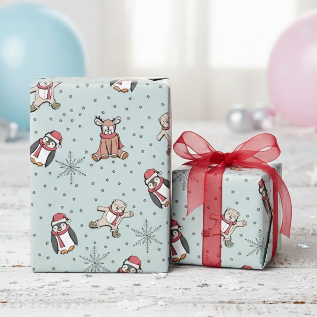 Mint Green Babys First Christmas Winter Animals Wrapping Paper (Cute Winter Stuffed Animals, Snowflakes, Polka Dots Pattern Gender Neutral Xmas Gift Wrap for Kids)