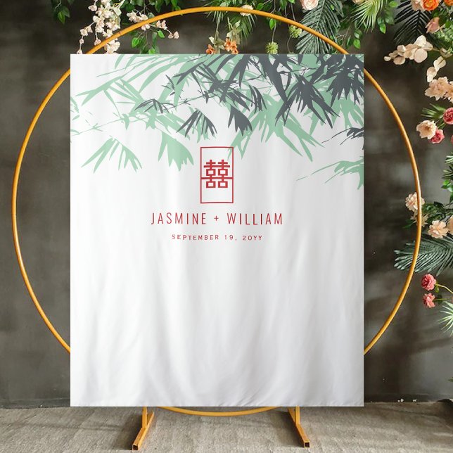 Mint Green Bamboo Leaves Chinese Wedding Backdrop Tapestry (Mint Green Zen Bamboo Leaves Double Happiness, Chinese Wedding Backdrop Tapestry @ fatfatin_red_knot)
