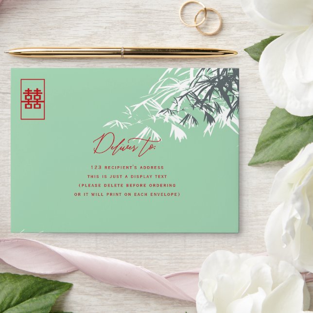 Mint Green Bamboo Leaves Double Happiness Wedding Envelope (Wedding)