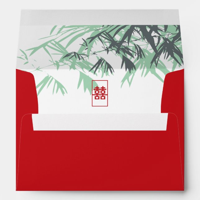 Mint Green Bamboo Leaves Double Happiness Wedding Envelope (Back (Bottom))