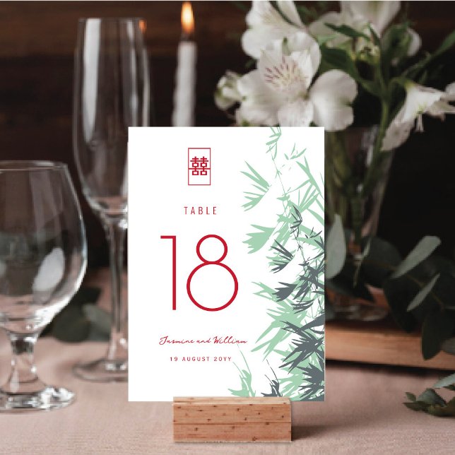 Mint Green Bamboo Leaves Double Happiness Wedding Table Number (Mint Green Zen Bamboo Leaves Double Happiness Chinese Wedding Table Number Card @ fatfatin_red_knot)