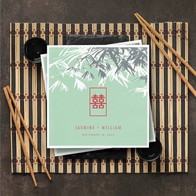 Mint Green Bamboo Leaves Double Xi Chinese Wedding Napkin (Mint Green Bamboo Leaves Double Happiness Chinese Wedding Paper Napkins @ fatfatin_red_knot)