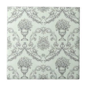 Mint Green Baroque Cherub and Floral Urn Toile (2) Ceramic Tile