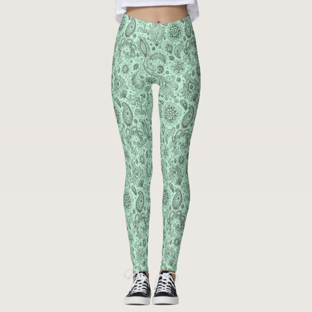 Mint Green Batik boho style floral paisley pattern Leggings (Front)