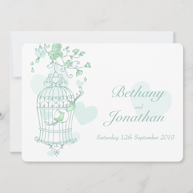 Mint green birds open cage wedding invitation (Front)