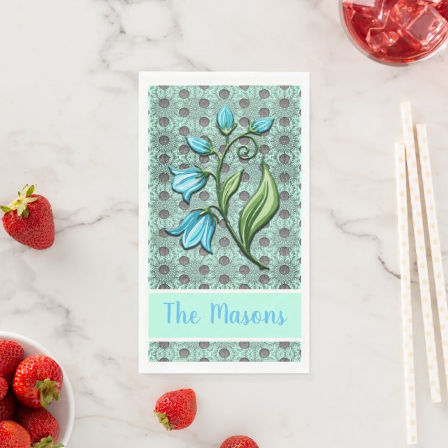 Mint Green, Black, and Grey Polka Dots Bellflowers Napkin (Insitu)