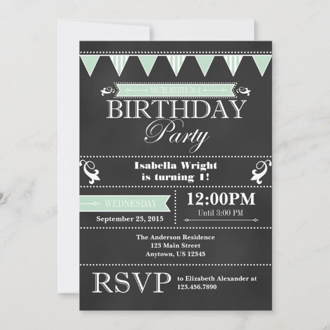 Mint Green Black Chalkboard Birthday Invitation (Front)