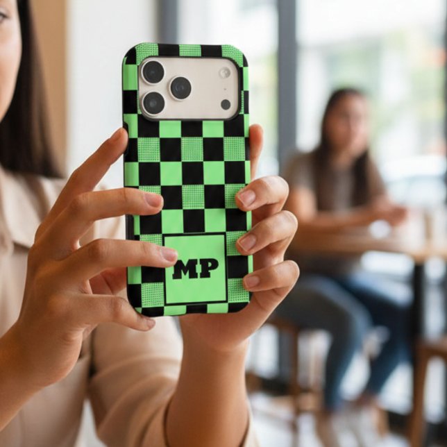 Mint Green & Black Checkerboard Monogram Modern (Creator Uploaded)