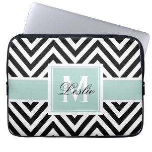 MINT GREEN, BLACK CHEVRON PATTERN PERSONALIZED LAPTOP SLEEVE