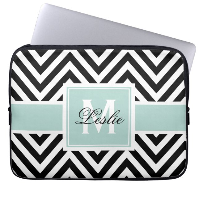 MINT GREEN, BLACK CHEVRON PATTERN PERSONALIZED LAPTOP SLEEVE (Front)