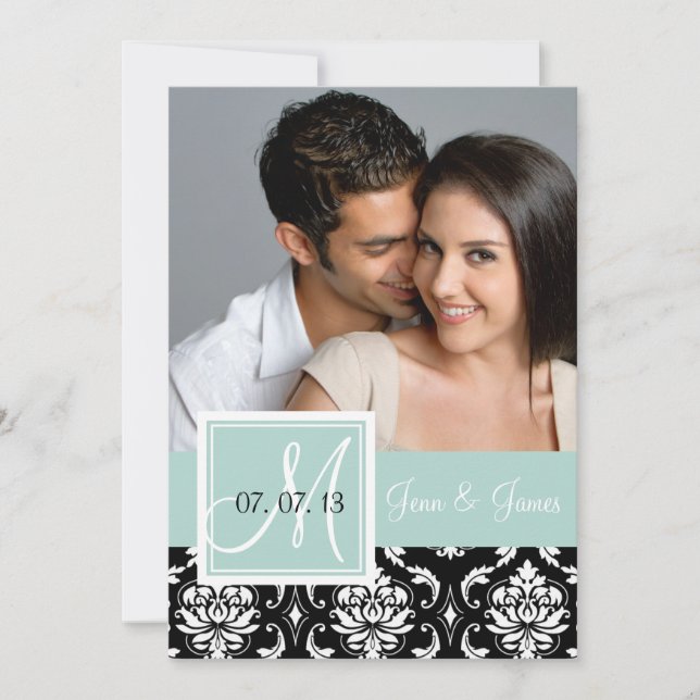 Mint Green Black Damask Photo Save the Date (Front)