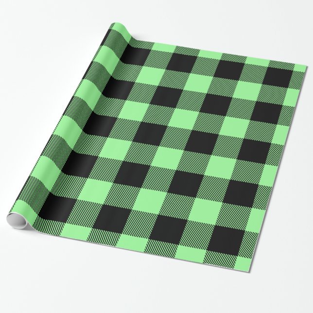 Mint Green Black Huge Buffalo Plaid Lumberjack Wrapping Paper (Unrolled)