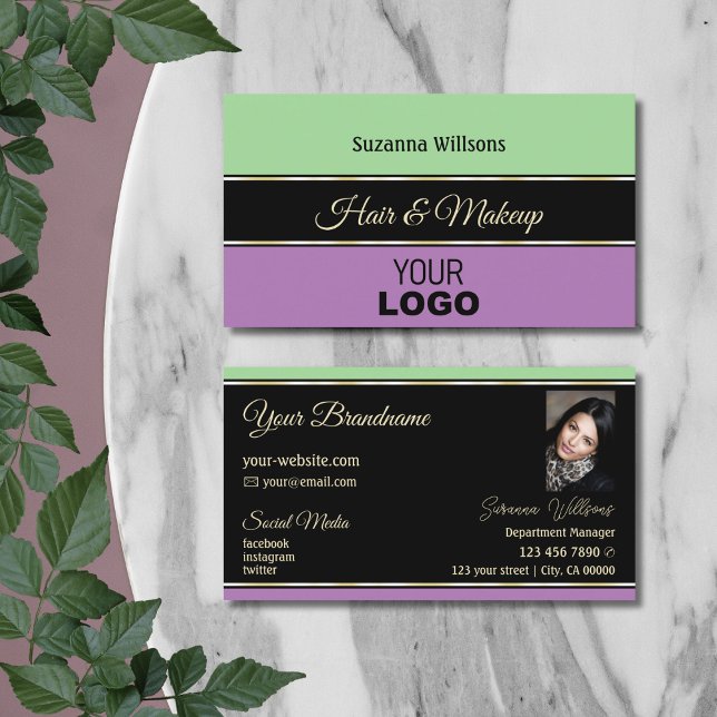 Mint Green Black Lavender Chic with Logo and Photo Business Card (Creator Uploaded)