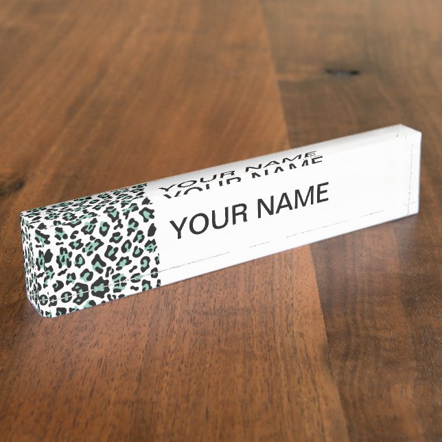 Mint Green Black Leopard Animal Print Pattern Nameplate (Side)