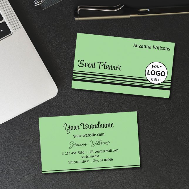 Mint Green Black Stripes with Logo Professional Business Card (Creator Uploaded)