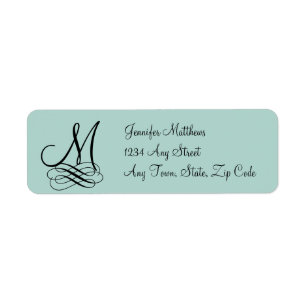 Mint Green, Black Swirls Monogram Wedding Return Address Label