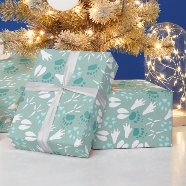 Mint Green Blue and Carmel Animal Tracks Pattern Wrapping Paper (Holidays)