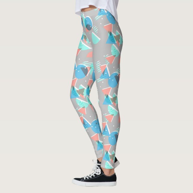 Mint Green Blue Coral Blush Pink 50s Art Pattern Leggings (Left)