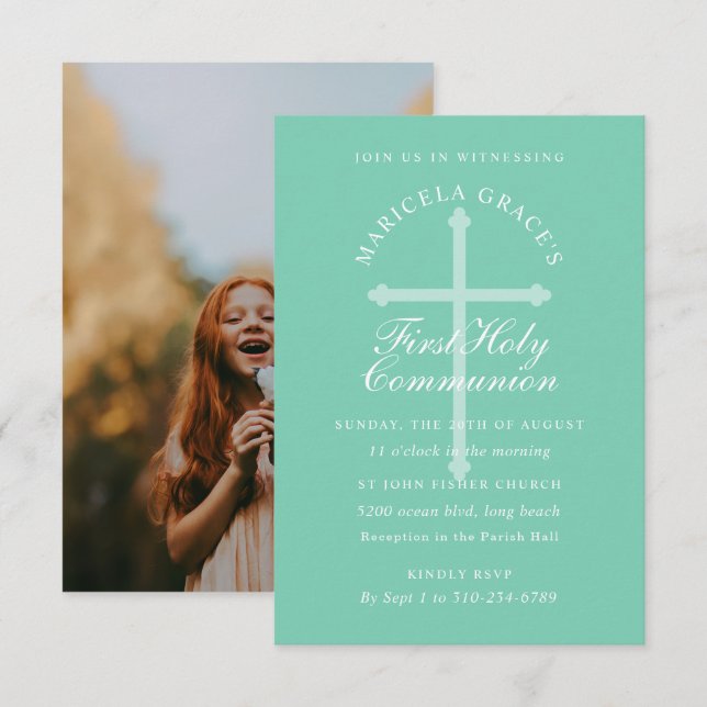 Mint Green Blue Cross First Communion Invitation (Front/Back)