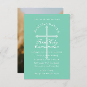 Mint Green Blue Cross First Communion Invitation