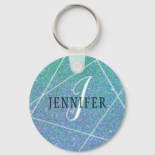 Mint Green Blue Faux Glitter Sparkles Monogram Key Ring