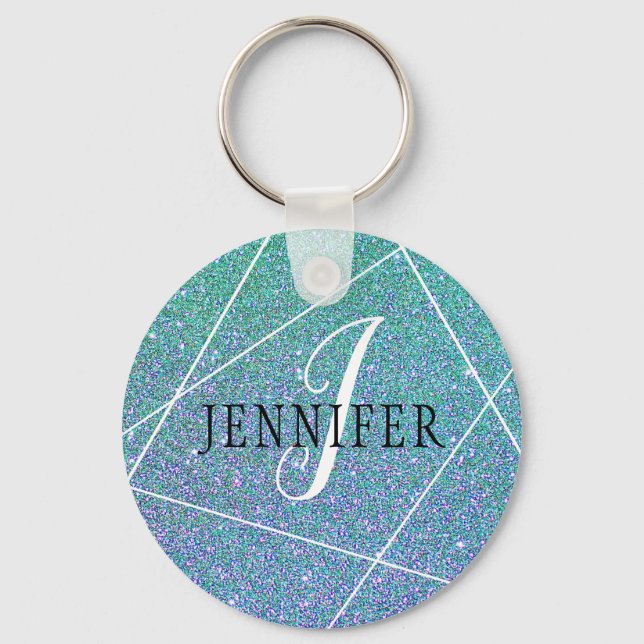 Mint Green Blue Faux Glitter Sparkles Monogram Key Ring (Front)