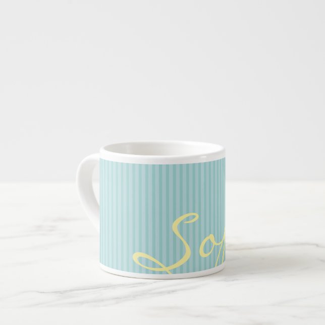 Mint Green & Blue Name Mug – Solid Thin Stripes (Front Left)
