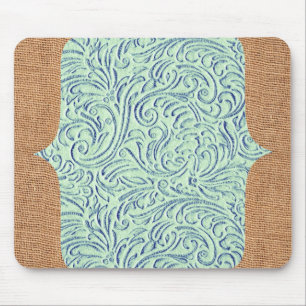 Mint Green Blue Vintage Scrollwork + Burlap Design Mouse Pad