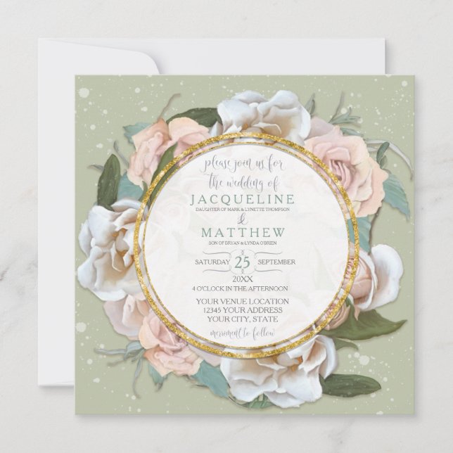 Mint Green Blush Rose Floral Gold Modern Wreath Invitation (Front)