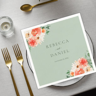 Mint Green Boho Orange Wildflowers Wedding  Napkin