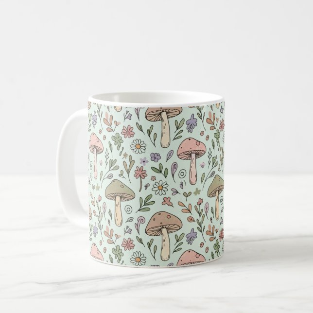 Mint Green Botanical Fungi Seamless Pattern Coffee Mug (Front Left)