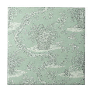 Mint Green Botanical Toile with Floral Bouquets 2 Ceramic Tile