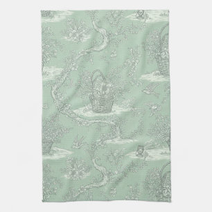 Mint Green Botanical Toile with Floral Bouquets 2 Tea Towel