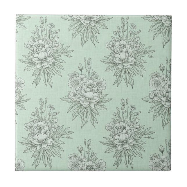 Mint Green Botanical Toile with Floral Bouquets Ceramic Tile (Front)