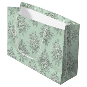 Mint Green Botanical Toile with Floral Bouquets Large Gift Bag