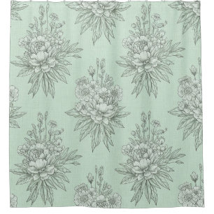 Mint Green Botanical Toile with Floral Bouquets Shower Curtain