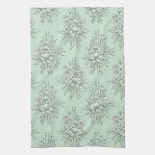 Mint Green Botanical Toile with Floral Bouquets Tea Towel