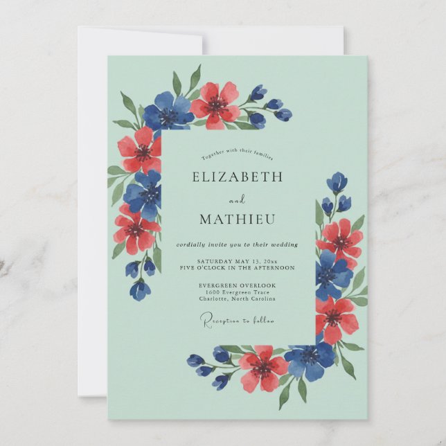 Mint Green Breezy Wildflower Wedding Invitation (Front)