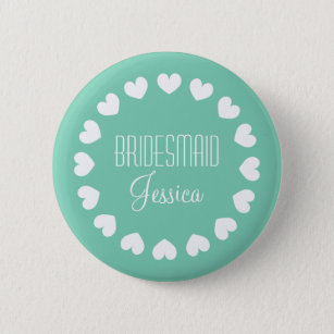 Mint green bridesmaid button with white hearts