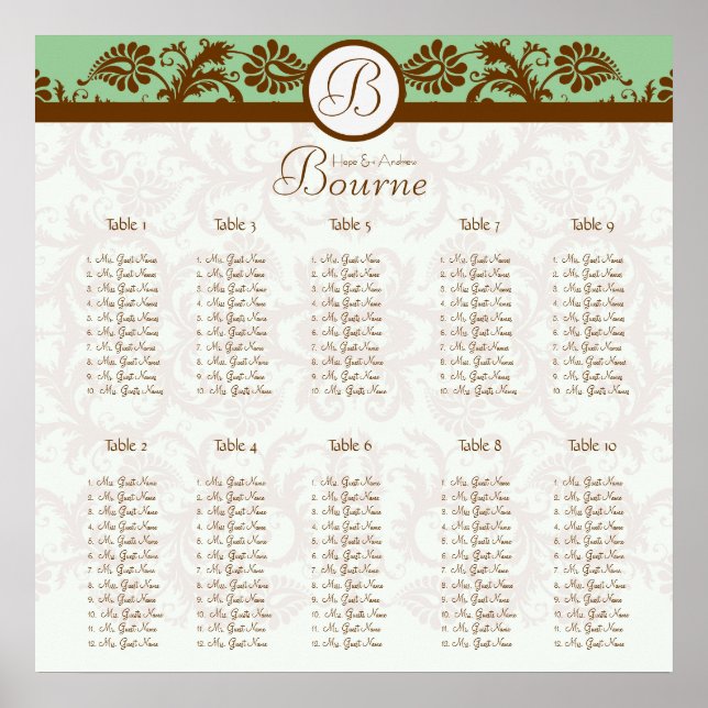 Mint Green Brown Damask Seating Chart 10 Tables (Front)