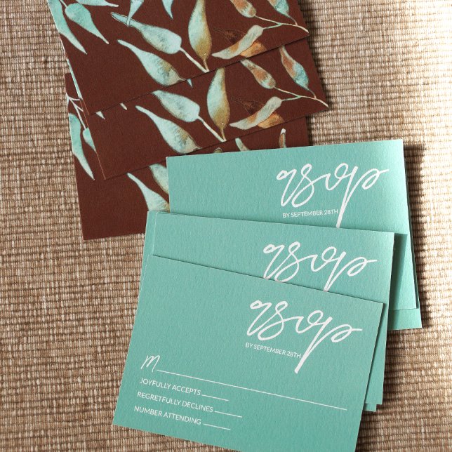 Mint Green, Brown Leaves Wedding RSVP Card (Mint Green Winter RSVP Cards, Winter Green and Brown Enclosure Cards)