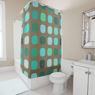 Mint Green Brown Retro Chic Round Squares Pattern Shower Curtain