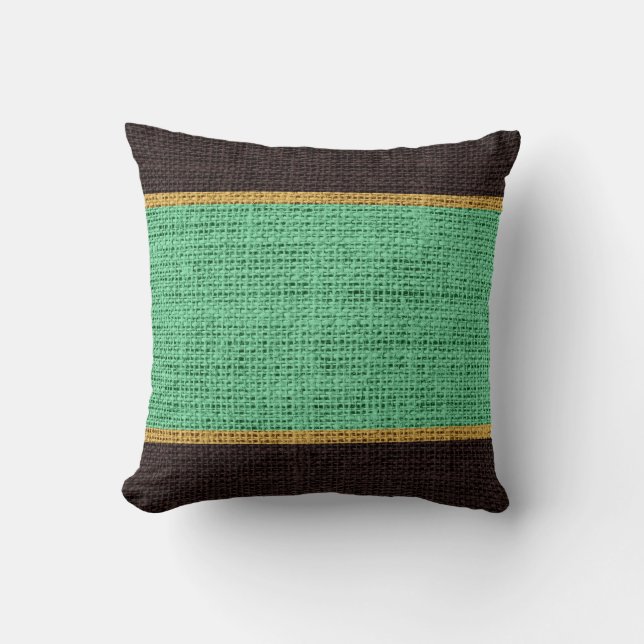 Mint Green & Brown Rustic Burlap Jute Background Cushion (Front)