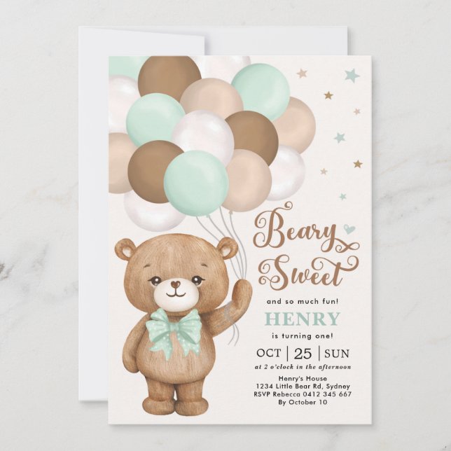 Mint Green Brown Teddy Bear with Balloons Birthday Invitation (Front)