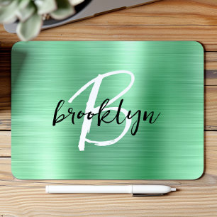Mint Green Brushed Metal Black White Monogram  Mouse Pad