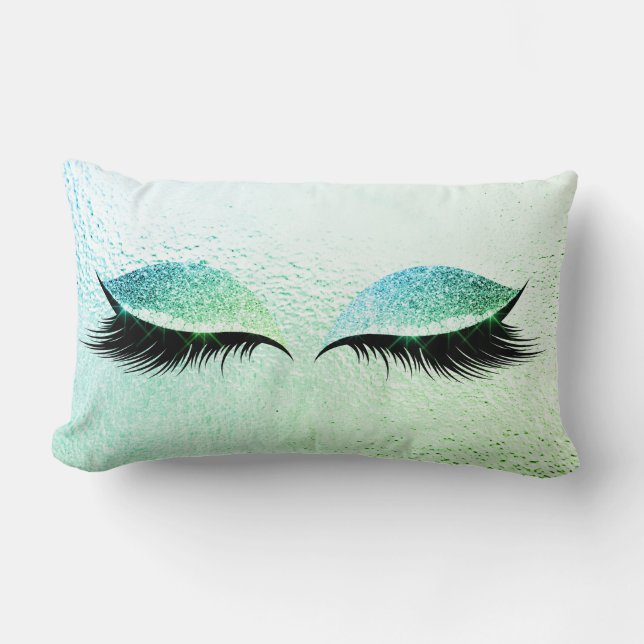 Mint Green Bue Glitter Black Lashes Glam Make Up Lumbar Cushion (Front)
