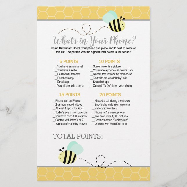 Mint Green Bumble Bee Baby Shower Phone Game (Front)