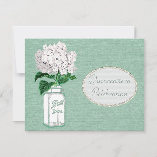 Mint Green Burlap, Jar & Hydrangea Quinceanera Invitation (Front)