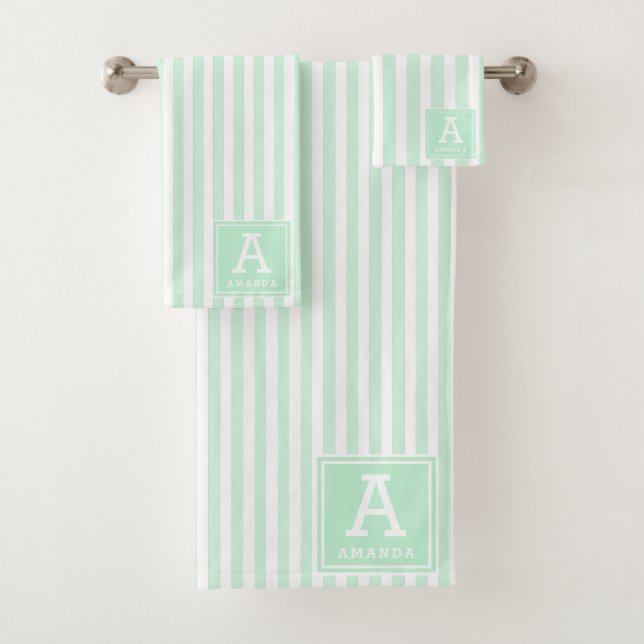 Mint Green Cabana Stripes Monogrammed Initials Bath Towel Set (Insitu)
